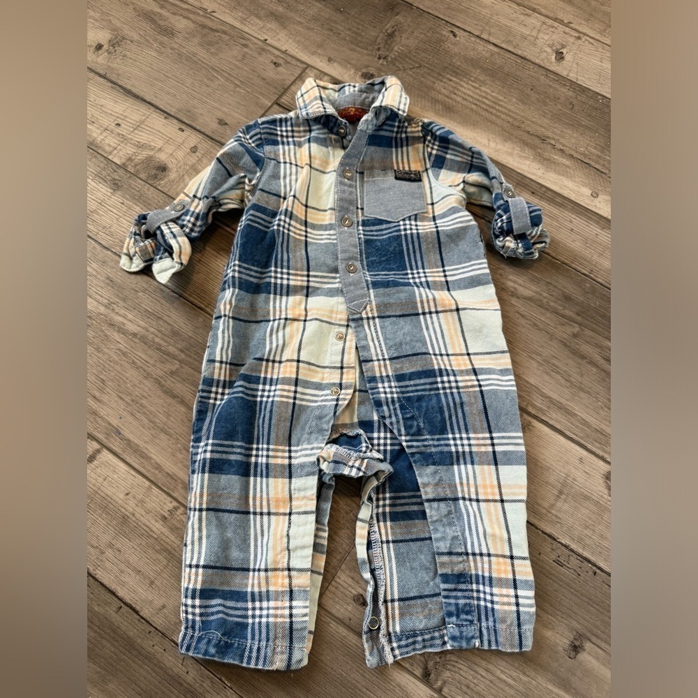 7 for All Mankind Baby Romper Shortie One Piece 3/6 Months Blue Plaid Collar